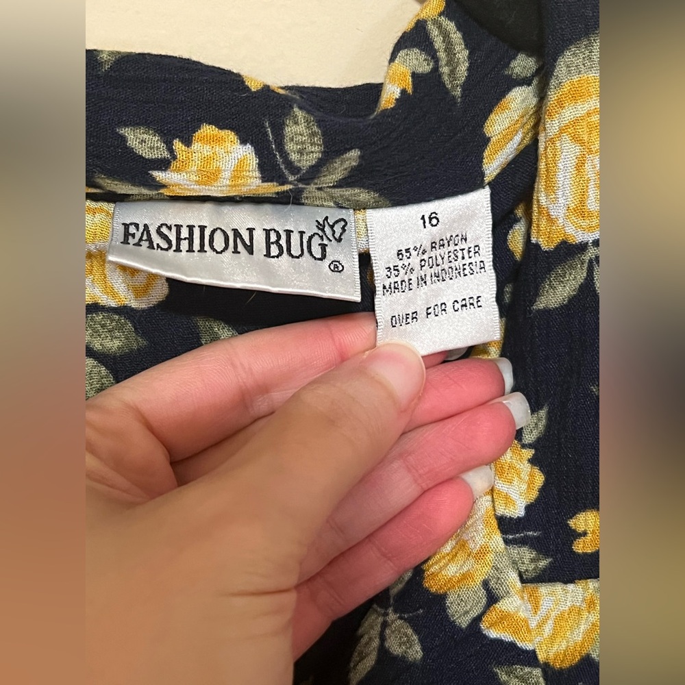 Vintage Fashion Bug 16 Maxi Shirt Dress Collar Button Navy Yellow Floral Women - Picture 8 of 12